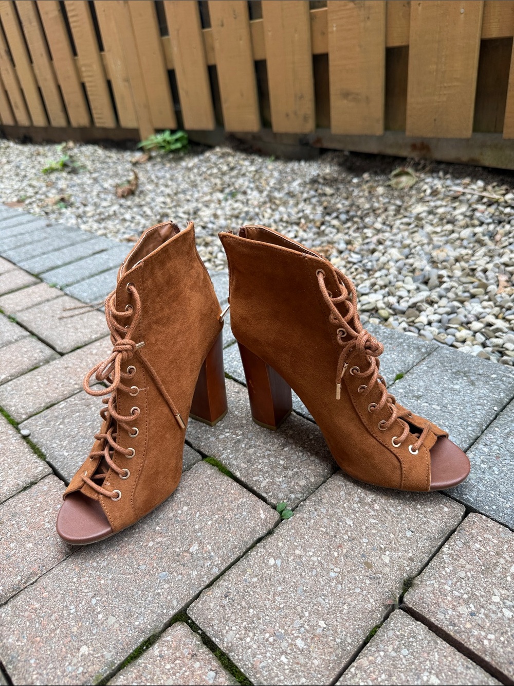 BAMBOO Suede Lace-Up Open-Toe Booties in Cognac